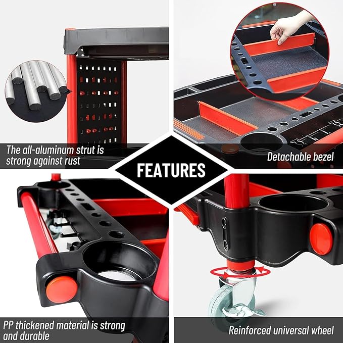 3-Tier Auto Detailing Tool Cart with 4 Hanging Boards & Wheels | Portable Garage, DIY, Home Studio & Workshop Organizer for Car Detailing Tools & Storage