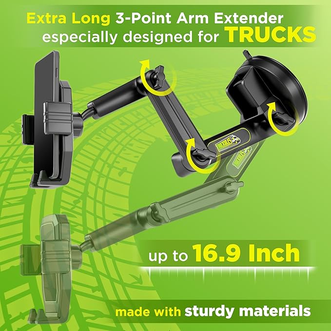 Cell Phone Mount for Truck Phone Holder for Truck Drivers - Heavy Duty Suction Cup + Dashboard Pad, iPhone Holder for Dashboard Window 16.9 inch Long, for iPhone & Samsung, Semi Trucker, Black