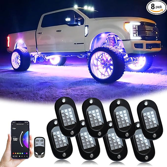 YiLaie Rock Lights for Trucks, 8 Pods RGB LED Rock Lights with APP/Remote Control & Music Mode, High Bright Multilcolor Waterproof IP68 Rock Neon Light Kits for Pickup Off Road RZR SUV ATV UTV Car