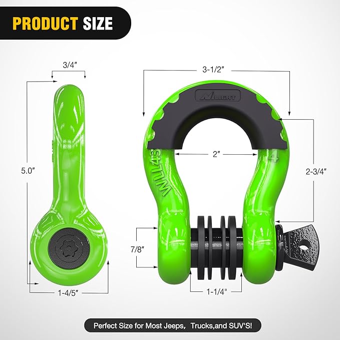 Nilight 3/4 inch D Ring Shackle 2 Pack 19T (41,887 lbs) Break Strength 4.75T WLL Heavy Duty Towing Hook with Anti-Theft System Anti-Rattle Isolators for Truck Jeep SUV ATV UTV Recovery Green