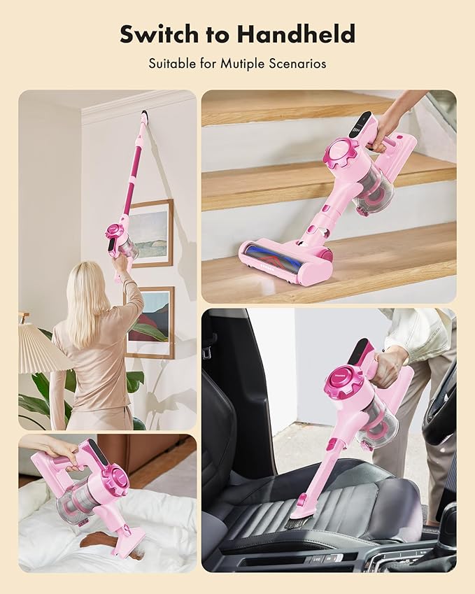 Trucozie Cordless Vacuum Cleaner, 8-in-1 Lightweight Stick Vacuum with 45mins Runtime, Powerful Suction, Vacuum Cleaners for Home, Hardwood Floors, Carpet, Pet Hair, Pink