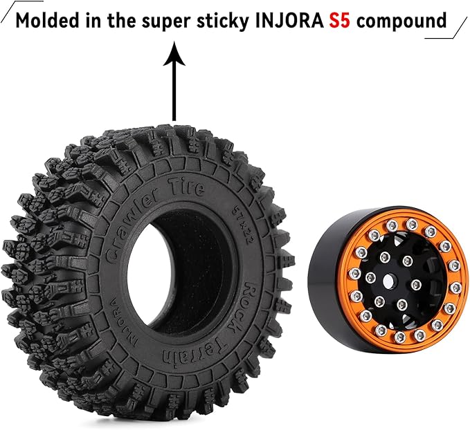 INJORA 1.0 Beadlock Wheel S5 Super Soft Sticky Crawler Tires for TRX4M Axial AX24 SCX24 FCX24 Enduro24 Upgrade, 57 * 22mm(Gold＆Black)