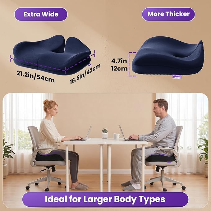 ZZ-WELL Seat Cushions for Office Chairs - Ergonomic Tailbone Pain Pressure Relief Seat Cushion - Extra Large & Thick Design Memory Foam Office Chair Cushion, 21.2" W X 16.5" L (Blue)