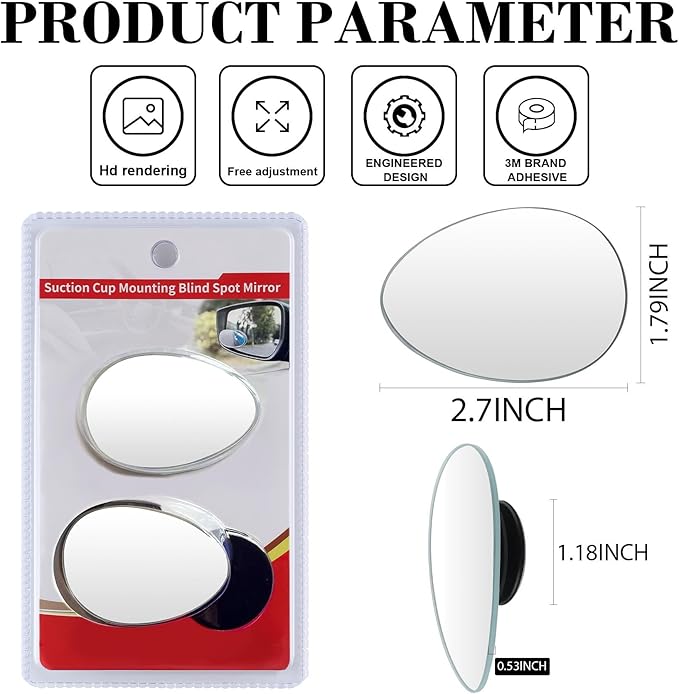 LivTee Blind Spot Mirror, Oval HD Glass Frameless Convex Rear View Mirror with wide angle Adjustable Stick for Cars SUV and Trucks, Pack of 2