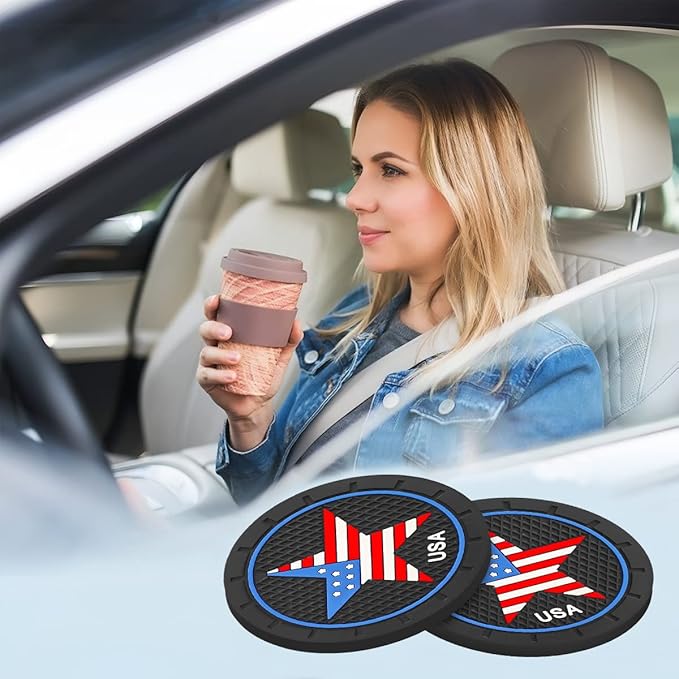 AUCELI 4 Pack Car Cup Holder Coasters, Colored American Flag US Flag Insert Car Cup Coaster, 2.75 Inch Anti Slip Shockproof Embedded Drink Mat, Vehicle Interior Decor Accessories