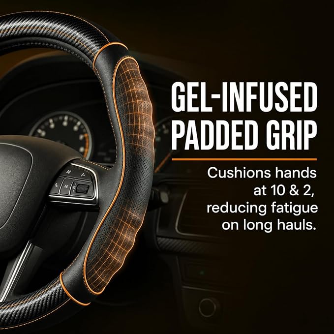18 Inch Semi Truck Steering Wheel Cover for Freightliner Cascadia, Kenworth T680 T880, Peterbilt 579, Volvo VNL - Anti-Slip Carbon Fiber Grip - Carbon Orange