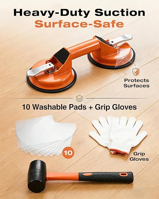 Saker Floor Gap Fixer Tool Kit with Mallet, 10PCS Washable Pads & Gloves, Suction Cup Tool for Laminate Floor Gap Repair, Vinyl Plank & Wood Floors (Dual Suction Cup+Rubber Mallet)