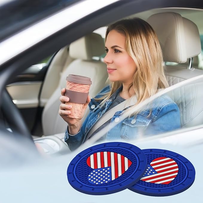 AUCELI 4 Pack Car Cup Holder Coasters, Colored American Flag US Flag Insert Car Cup Coaster, 2.75 Inch Anti Slip Shockproof Embedded Drink Mat, Vehicle Interior Decor Accessories