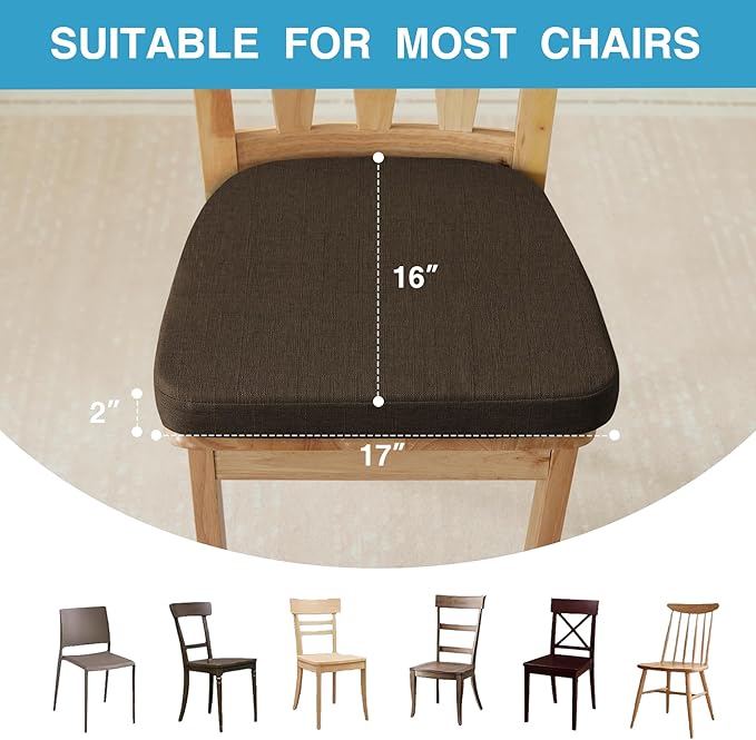 IASEAHK Chair Cushions for Dining Chairs Set of 4, Non Slip Kitchen Chair Pads, 17" x 16" x 2", Indoor Dining Chair Cushions with Ties, D-Shaped Seat Cushions for Kitchen Chairs, Brown