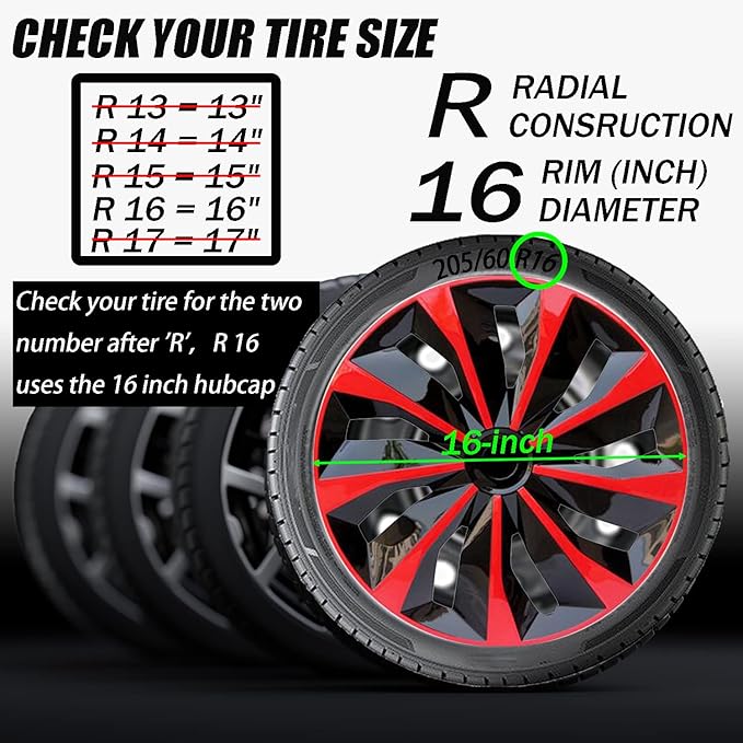 Hubcap Wheel Cover Replacement R16 Hub Caps Universal-Fit Steel Wheel Rim Cover ABS Material Exterior Accessories for Car Truck SUV -Set of 4（16-inch，Red-Black）
