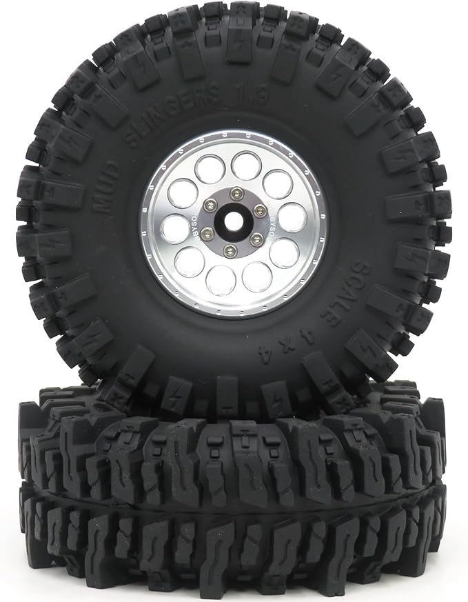 HOBBYSOUL 1.9 Crawler Tires and Wheels 120mm Soft Sticky 1.9 Mud Slingers Tires & 1.9 Beadlock Wheels Silver Rim for 1/10 RC Crawler Traxxas TRX4 Axial SCX10, (4 Pack)