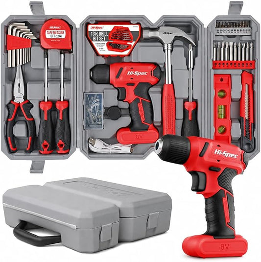 Hi-Spec 58pc Red 8V USB Electric Power Cordless Drill Driver and Home DIY Tool Kit Set. Screw Driver and Drill Bit Set Accessories, Pliers and Hammer In a Toolbox Case