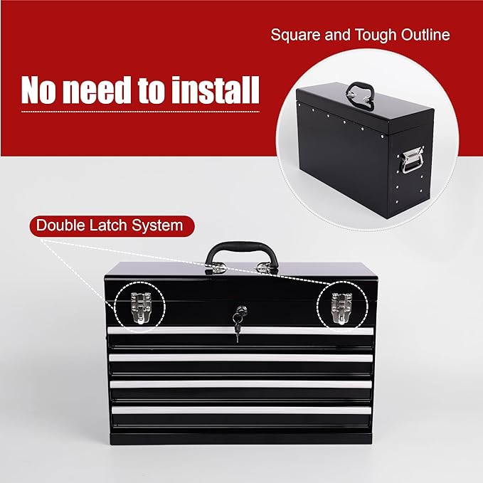 21" Portable 4 Drawer Steel Toolbox, 5 Layers of Tools with Metal Latches, with Top Storage Tray and Carrying Handle, Multi-Function Tool Chest for Garage, Home,or Workbench（black）