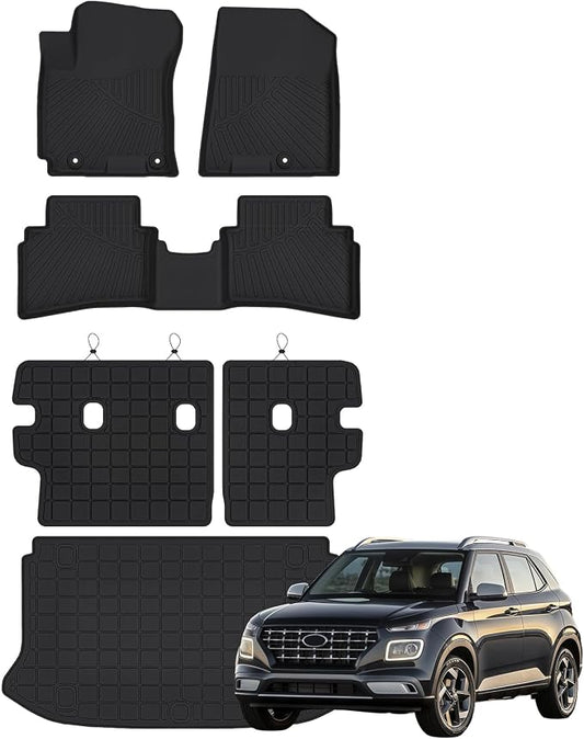 Floor Mats for 2020-2025 2026 Hyundai Venue (Cargo Mat Only Fit Upper Layer) & Backrest Mat,TPE All Weather Protection Car Mats with Trunk Mat Covering The Backrest Full Set Accessories