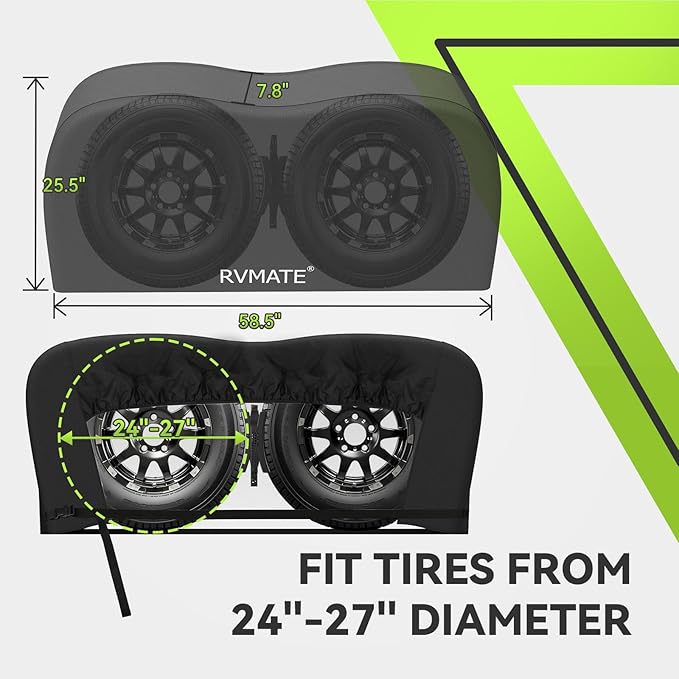 RVMATE RV Tire Covers, Dual Axle Wheel Cover (2 Pack) Fits 24"-27" Diameter Tires, Waterproof Anti-UV 420D Oxford Black Dual Tire Covers RV Accessories for RV/Truck/Trailer