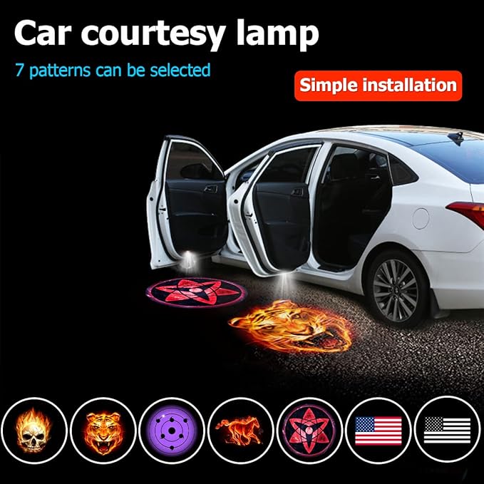 2Pcs Car Door Lights Logo Projector, Wireless LED Door Paste Courtesy Light, Holeless Magnet Sensor Ghost Shadow Welcome Lamp, Naruto Sharingan Light Accessories (Black American Flag)