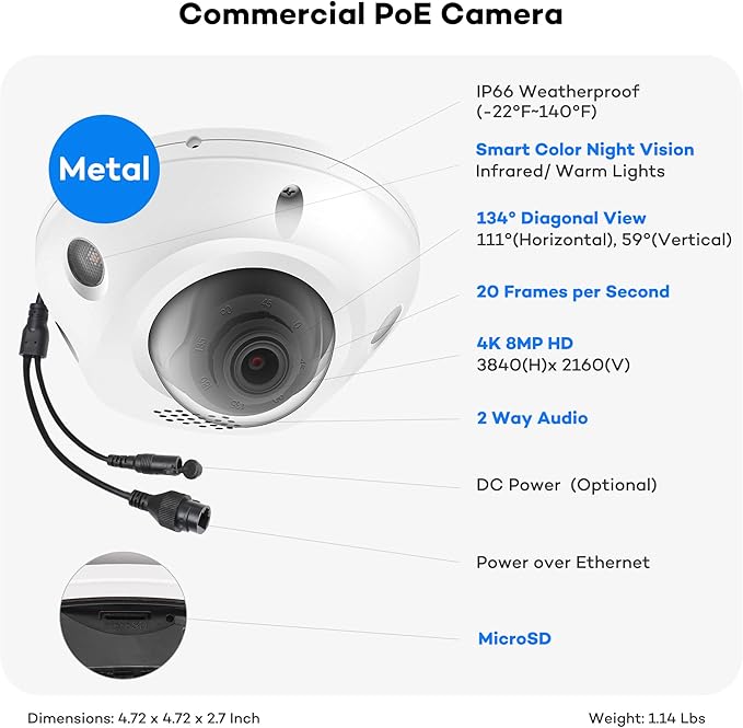 ONWOTE 4K 8MP 2 Way Audio PoE IP Security Camera, Vandal Proof IK10, 3840x2160 8 Megapixels, 134° Wide View, AI Human Vehicle Detection, Commercial Wired Camera for Business, Add-on to PoE NVR System