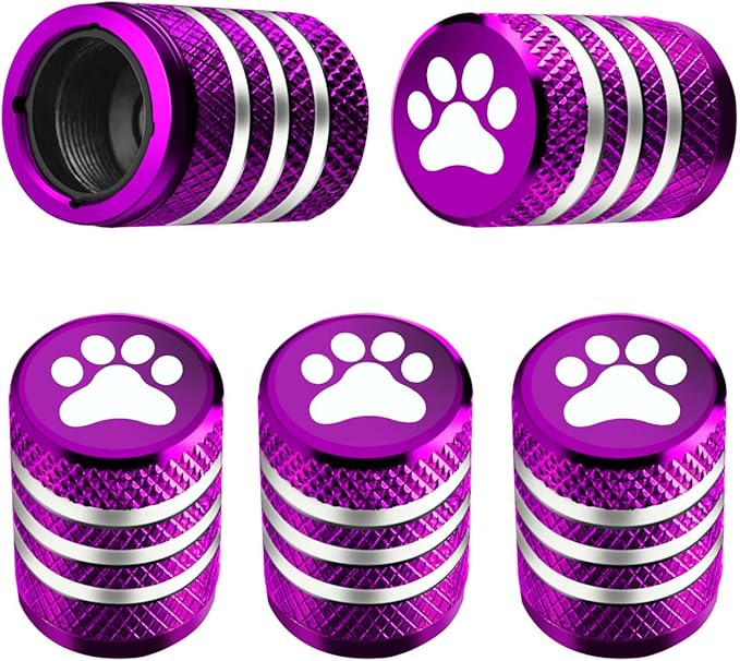 Tire Valve Stem Caps Cover - (5 Pack) Tire Air Caps Metal with Plastic Liner Corrosion Resistant Leak-Proof Dog Paw Print for Car Truck Motorcycle Bike Purple