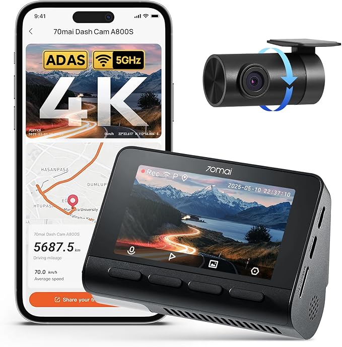 70mai 4K Dash Cam Front and Rear with STARVIS, Dashcam with 5GHz WiFi, GPS Car Camera, Super Night Vision, ADAS, 3'' IPS Screen, 24H Parking Mode, Time-Lapse, Loop Recording, Support 256GB Max (A800S)