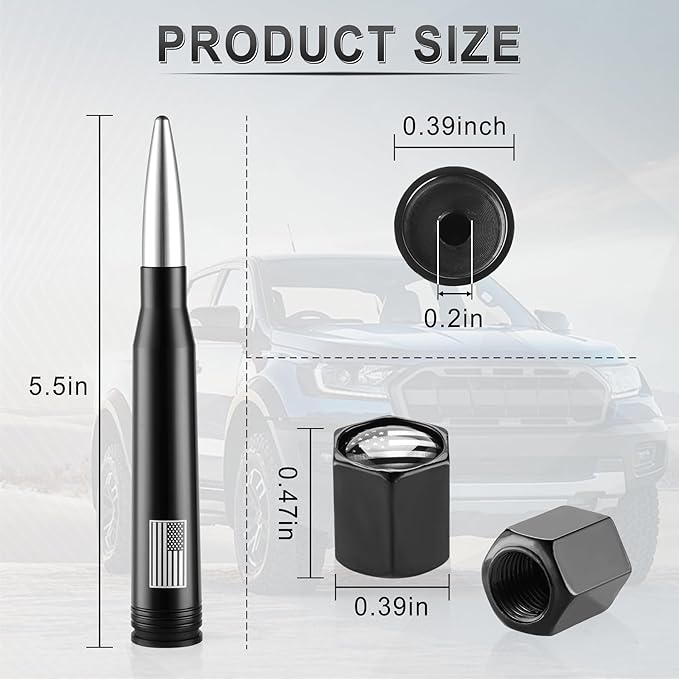 BJSIA American Flag Antenna for Truck with Valve Stem Caps - Universal Compatible with Ford, Dodge, Chevrolet, GMC, Jeep, Toyota Truck Car Accessories, Heavy Duty Pickup Trucks Accessories - Silver