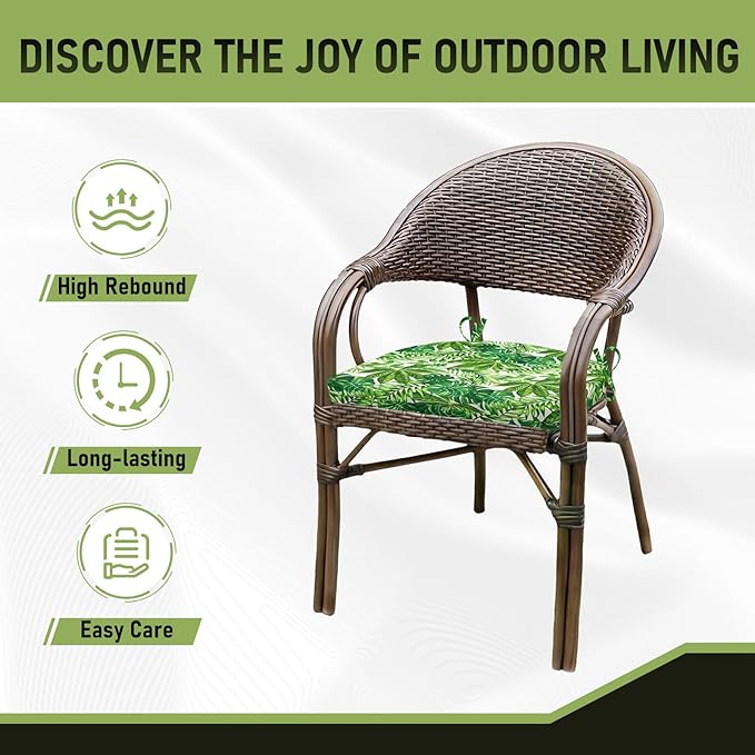 Basic Beyond Outdoor Chair Cushions Set of 4, Outdoor Cushions for Patio Furniture, Water Resistant Patio Chair Cushions with 2 Ties, 17x16x2, Green Leaves