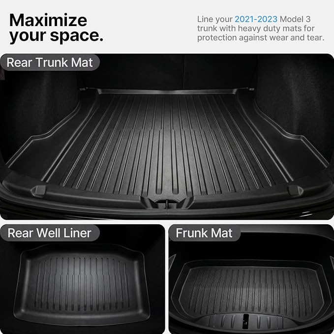 All Weather Cargo Liners for Tesla Model 3 Trunk Mats,Front Frunk and Rear Trunk Tray Mats Protector 2021 2022 2023 Accessories