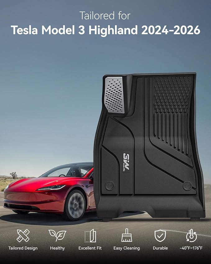3W Tesla Model 3 Floor Mats 2026 2025 2024 with Metal Pedal, Full Set with Seatback Protector, Highland All Weather Custom Fit Rear Trunk Mat Accessories Black