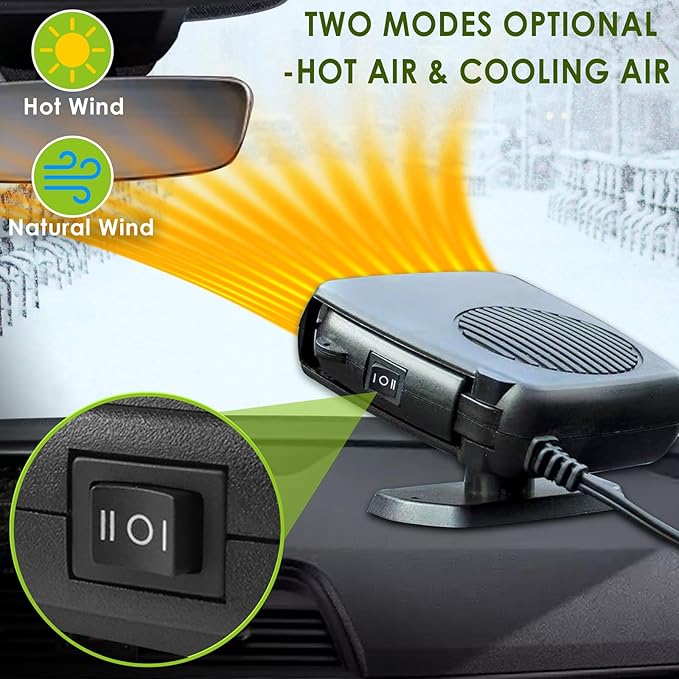 Car Heater, 12V 200W Portable Car Demister Windshield Defogger and Defroster Fast Heating&Cooling Fans with Cigarette Lighter Plug/Ergonomic Handheld/360° Rotary Base for Cars, SUV, Jeeps, Trucks, MPV