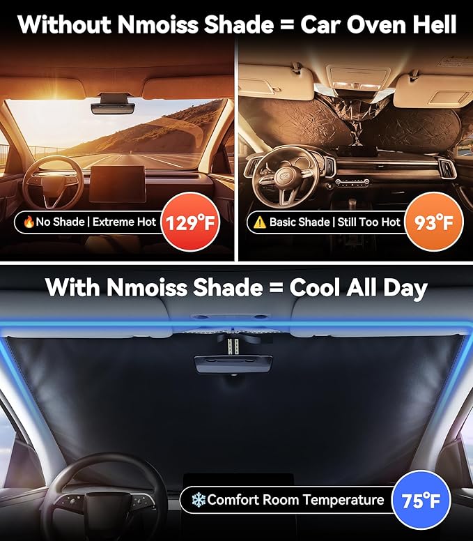 Nmoiss Ice Silk Air-Cooled Car Windshield Sun Shade, [Enjoy Superior Coolness & Comfort] 84.2% Heat Insulation UPF>50 UV Block Interior Protection, Universal Fit for Car SUV Truck, Medium 64"x32"