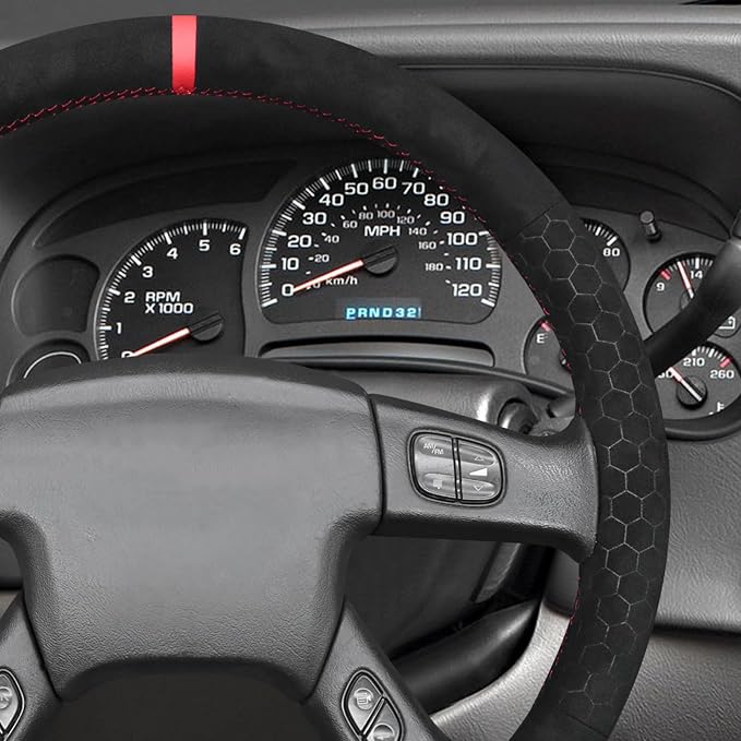 MEWANT Hand Stitched Steering Wheel Cover for Chevy Silverado 1500 2003-2006 Black Hive Embossed Athsuede Steering Wrap
