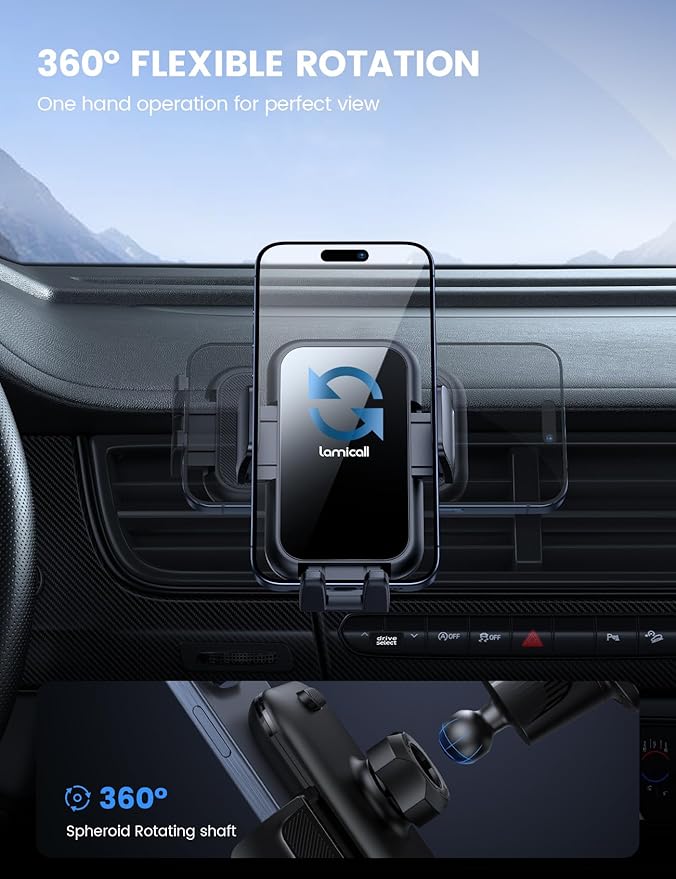 Lamicall 2026 Wider Clamp & Metal Hook Car Phone Holder Vent [Thick Cases Friendly] Phone Holders for Your Car Mount Automobile Hands Free Cradle Air Vent for iPhone 17 16 15 Pro Max Lucite Black