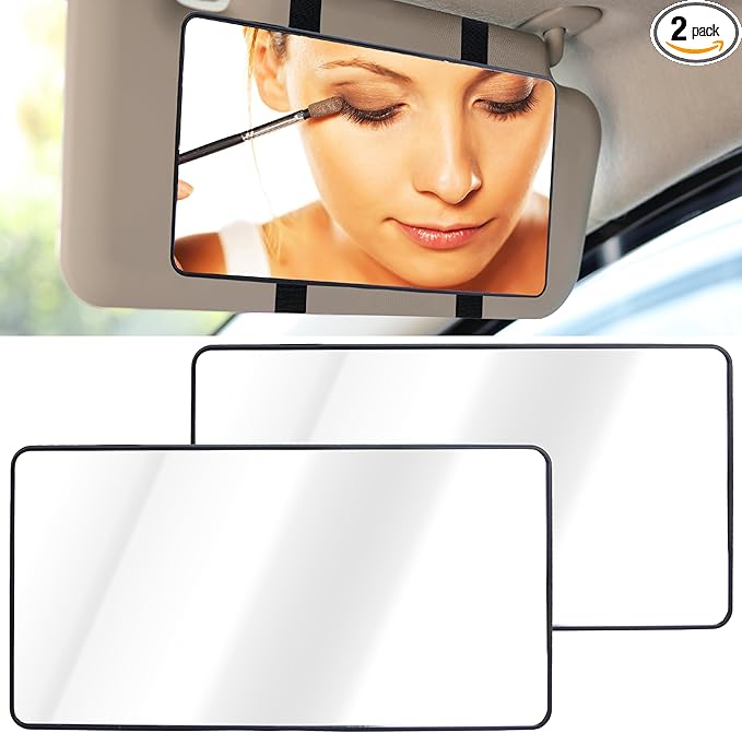 2 PCS Car Sun Visor Mirror, Cosmetic Makeup Mirrors with Straps, HD Car Interior Cosmetic Mirror, Car Accessories Universal Sun Visor Mirrors for Trucks, Cars, SUVs (Black)