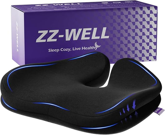ZZ-WELL Seat Cushions for Office Chairs, Car Seat - Patented Coccyx Cushion for Tailbone Pain - Memory Foam Butt Cushion for Pressure Relief - Carry Handle & Non Slip Bottom (Black)