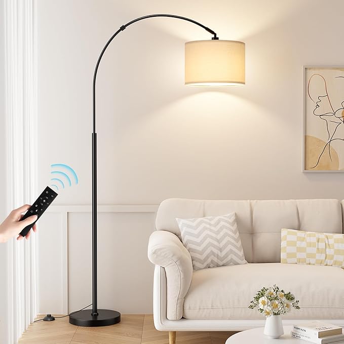 Ambimall 70 Dimmable Arc Floor Lamp with Remote, Color Temperatures and Brightness Adjustable, Arched Floor Lamp with Rotating Head, Over Couch Arched Light for Living Room (Deep Beige and Black)