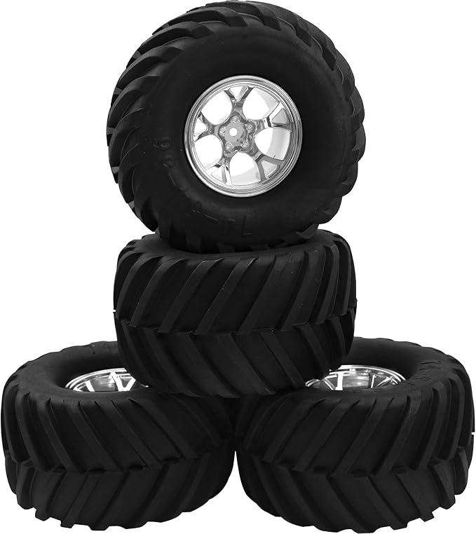 5.31''OD Rubber Tires & Wheel Rim 12mm Hex Hub Compatible with Traxxas Rustler HPI HSP Volcano Tamiya Exceed Himoto 1/10 Off-Road Monster Truck,135mmx73mm (Silver)