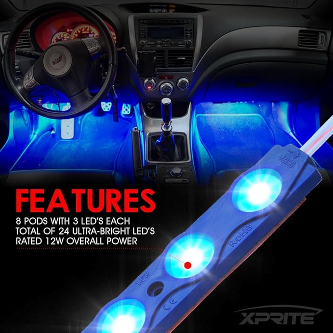 Xprite Blue LED Truck Bed Light Kits Rock Lights with On/Off Switch, for Pickup Footwells, Running Boards, Cargo, Under Car, Tonneau Cover, Rail Lighting - 8 PCs
