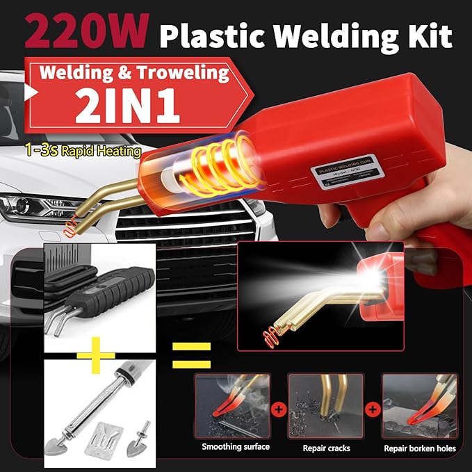 220w Plastic Welder,Upgraded 2 in 1 Plastic Welding Kit,Plastic Repair Kit 1000pcs Hot Staples & 92pcs Plastic Welding Rods for Car Bumper Plastic Crack Repair (Red)