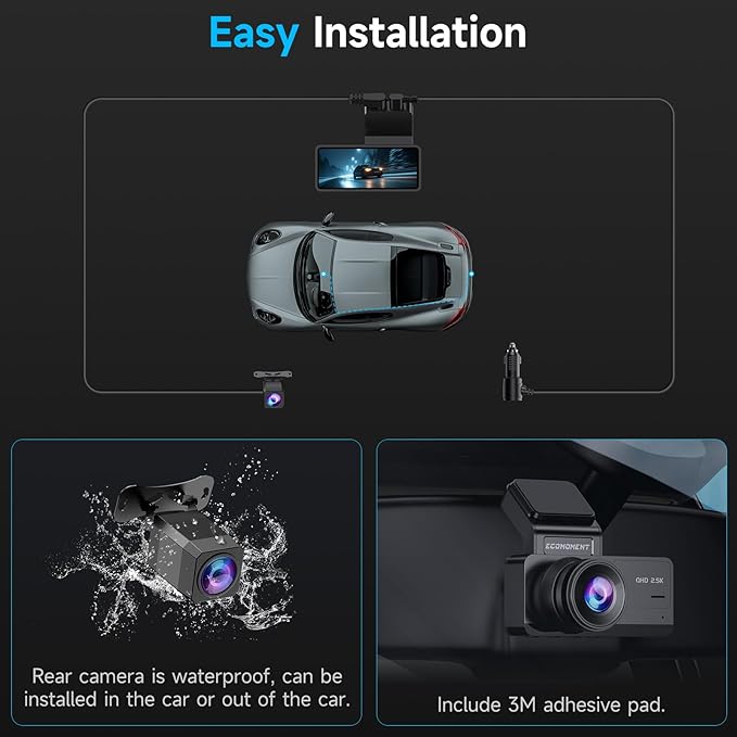 Dash Cam Front and Rear, 2.5K Dual Dash Camera for Cars, Car Camera with 3.16" IPS Screen, 170° Wide Angle, WDR Night Vision, G-Sensor, 24H Parking Monitor, 32GB Card Included, Support 256 GB Max