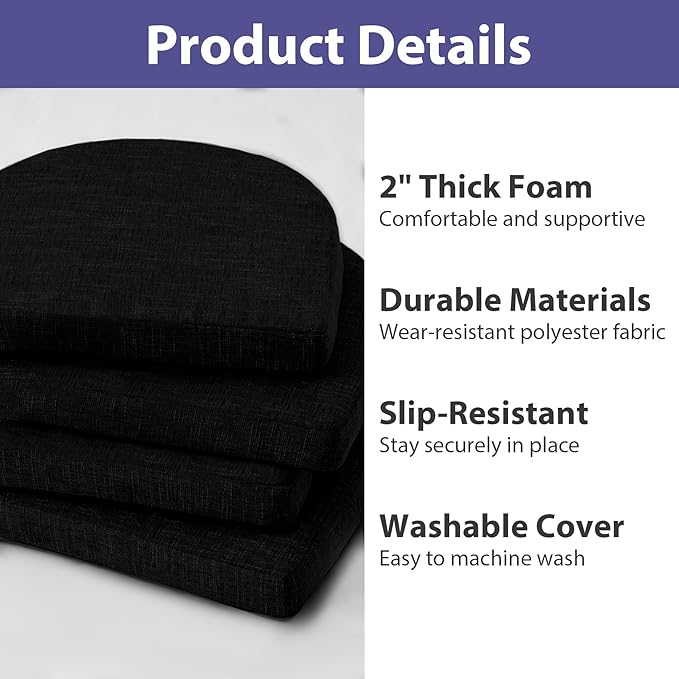 IPYNBAP Chair Cushions for Dining Chairs, Kitchen Chair Cushions, 16'' x 16'' x 2'', Non Slip Indoor Seat Cushions, Chair Pads for Dining Chairs with Ties & Removable Cover, Set of 4, Black