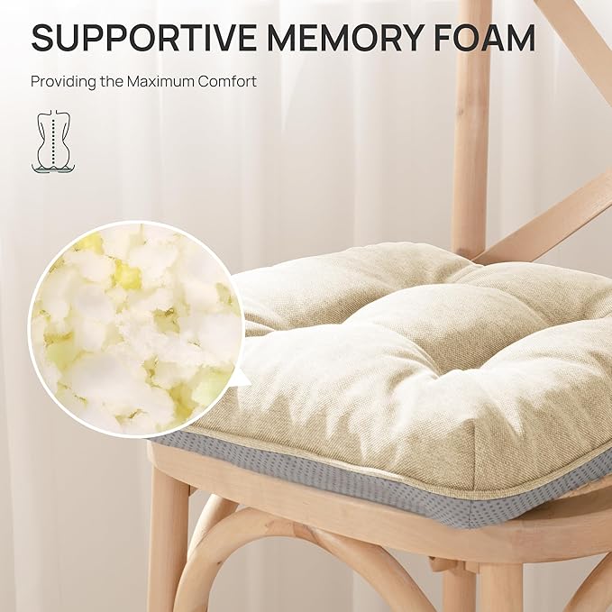 Love's cabin Memory Foam Chair Cushions Set of 4, 15.5"x15.5"x3.5" Indoor & Outdoor Seat Pads for Dining, Kitchen, Office, Patio Chairs - Beige