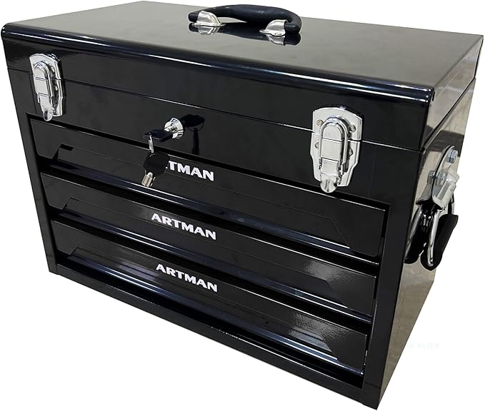 20" Portable 3 Drawer Steel Toolbox,Built in Tool Set,4 Layers of Tools with Metal Latches, with Top Storage Tray and carrying Handle, Multi-Function Tool Storage for Garage, Home,or Workbench