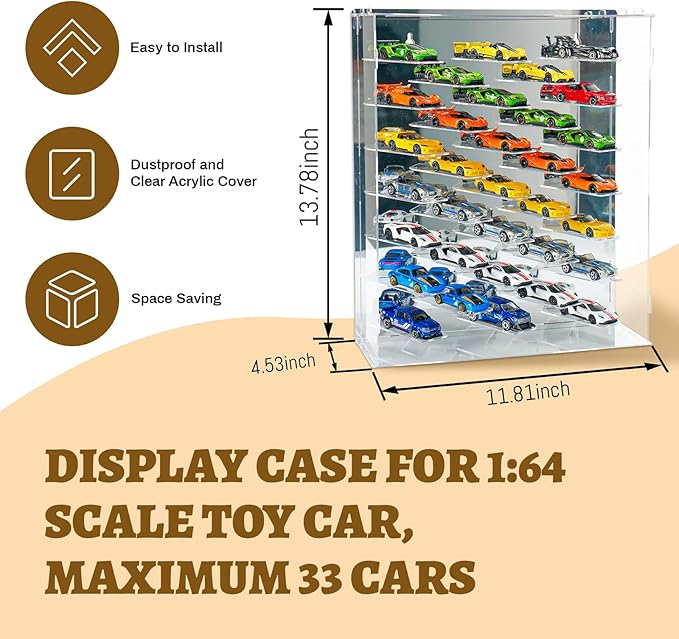 Display Case for Hot Wheels Cars, Compatible with 1:64 Scale Diecast Cars, Wall Mountable/Tabletop Display Case with LED Lights & Dustproof Cover,33 Park, Maximum 40 Toy Cars,Mirrored Background