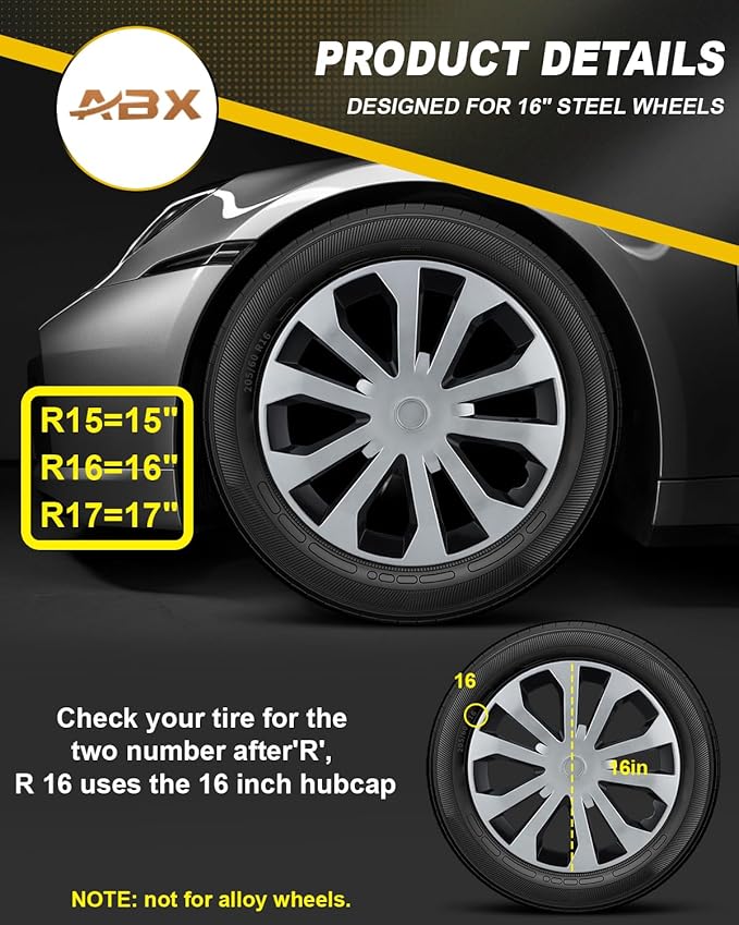 ABX Hubcap Wheel Covers Hub Caps 16 Inch Set of 4 Black & Silver Universal Wheel Rim Cover R16 Stylish Car Decor Wheel Covers for Toyota Camry Nissan Mazda (silver-05, 16 inch)
