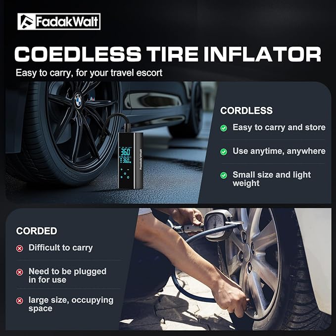 FADAKWALT Tire Inflator Portable Air Compressor, 150 PSI Cordless Air Pump with Digital Pressure Gauge, LED Light, Auto Shut-Off, for Car, Motorcycle, Bike, Ball – Not for Truck Tires
