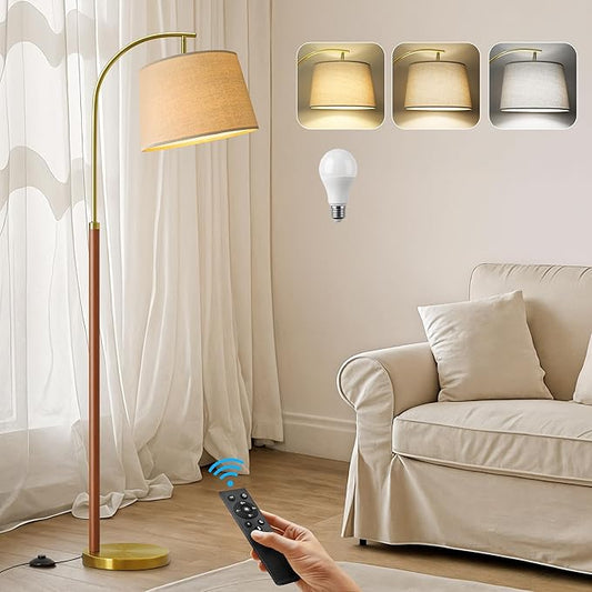 62.5" Gold Floor Lamp for Living Room Dimmable Standing Lamp with Remote & Foot Switch, 3 Color Temperatures Arc Tall Lamp Wood Mid Century Modern Floor Lamps for Bedroom Office, 9W Bulb Included