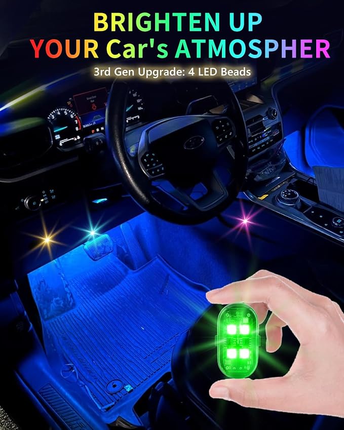 Upgraded 4PCS Wireless LED Strobe Lights for Car, 8 Colors Interior Car Lights with Remote Control, USB-C charging Warning Light for Car Motorcycle Drone Bike Decor