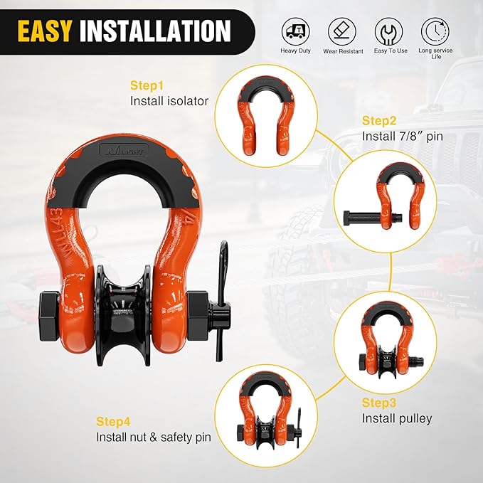 Nilight 3/4" D-Ring Shackle w/Snatch Block (2 Pack) 9,500 lb Working Load, 2-in-1 Heavy‑Duty Towing Pulley w/Isolator for Off‑Road Recovery, Winch Cable & Rope, Truck Jeep ATV UTV Tractor, Orange