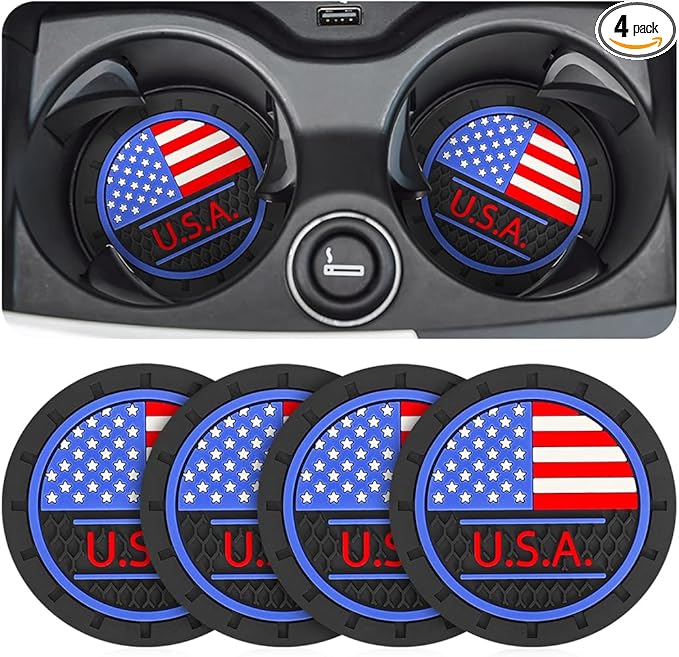 AUCELI 4 Pack Car Cup Holder Coasters, Colored American Flag US Flag Insert Car Cup Coaster, 2.75 Inch Anti Slip Shockproof Embedded Drink Mat, Vehicle Interior Decor Accessories
