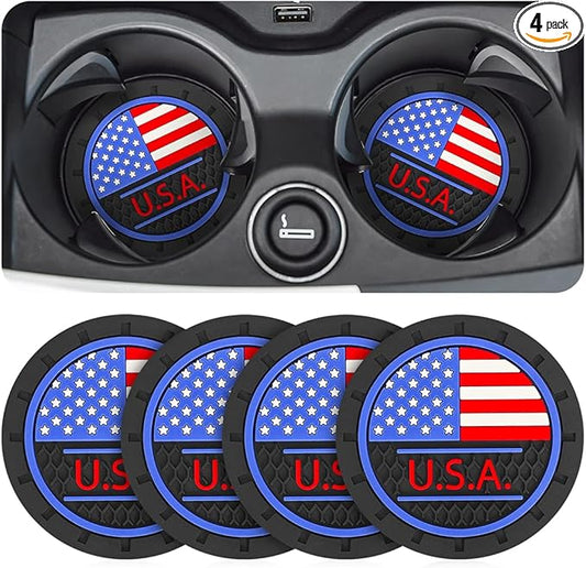 AUCELI 4 Pack Car Cup Holder Coasters, Colored American Flag US Flag Insert Car Cup Coaster, 2.75 Inch Anti Slip Shockproof Embedded Drink Mat, Vehicle Interior Decor Accessories
