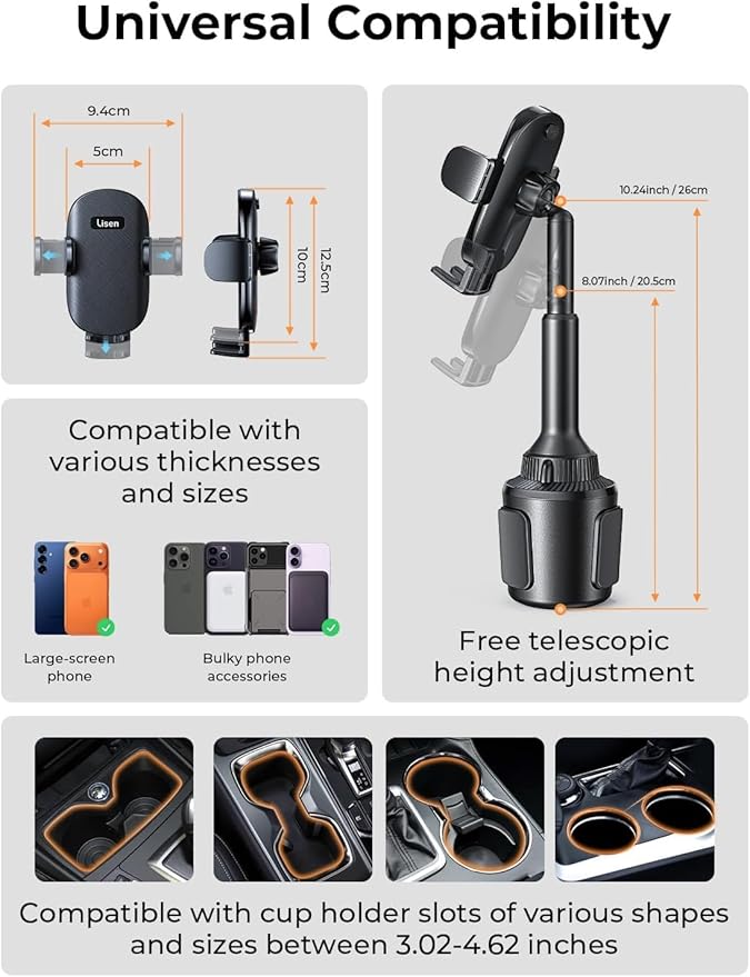 LISEN Cup Holder Phone Holder [No Shaking] Phone Holder for Car, 360° Adjustable iPhone Holder Car Accessories for Women Truck Jeep Golf for iPhone 17 Pro Max 16 15 14 Samsung S25 All 4-7'' Phone